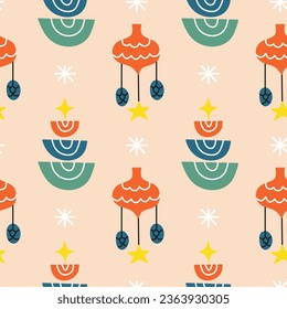 Cute seamless pattern with rainbows, Christmas toys. Minimalist Scandinavian New year background.