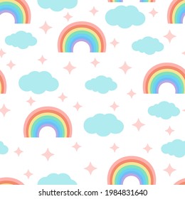 Cute seamless pattern with rainbows, clouds and stars on a white background. Vector illustration for fabrics, textures, wallpapers, posters, postcards. Childish fun print. Editable elements.