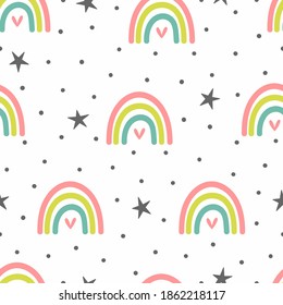 Cute seamless pattern with rainbows, hearts, stars and dots. Flat vector illustration.