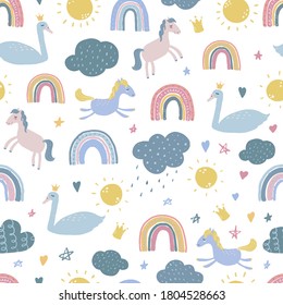 Rein nahtloses Muster mit Regenbögen, Ponys, Schwänen und Wolken auf weißem Hintergrund. Gut für Kinder, Textil- und Stoffabdrücke, Verpackungspapier, Bettwäsche, Tapete, Scrapbooking, stationäre Verpackung, etc.