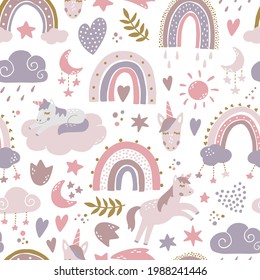 cute seamless pattern with rainbows and unicorns for nursery  textile, wallpaper, scrapbooking, wrapping paper, kids apparel, etc. Scandinavian decor. EPS 10