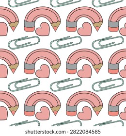 Cute Seamless Pattern with Rainbow-Shaped Pencils, Hearts and Paper Clips, Back to School Stationery, Hand Drawn Flat Vector Illustration, Repeating Background for Fabric, Textile, Wrapping Paper and School Supplies