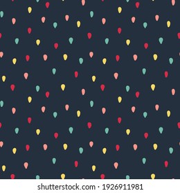 Cute seamless pattern with random bright color drops on dark blue background. Seed shaped dots. Trendy colors. Vector pattern for wrapping paper, package, fabric print, kids textile and other.