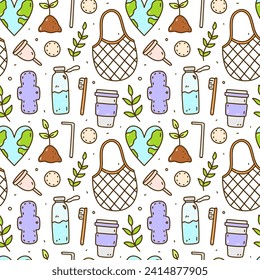 Cute seamless pattern with recycle and reusable products - glass water bottle, coffee cup, mesh bag, textile pads and cotton pads, menstrual cup and others. Zero waste,Save the Planet, ecology concept