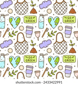 Cute seamless pattern with recycle and reusable products - glass water bottle, coffee cup, mesh bag, textile pads and cotton pads, menstrual cup and others.Zero waste,Save the Planet, Go green concept