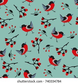 Cute Seamless Pattern with red birds and berries. Hand Drawn Design. Great for wall art design, gift paper, wrapping, fabric, textile, etc.