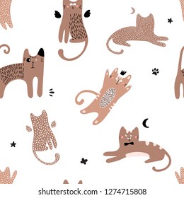 Cute seamless pattern with red cats. Children's background. Vector illustration isolated on white background. Printing on fabric, clothing, text, paper.