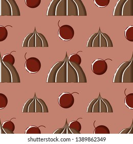 Cute seamless pattern with red cherries and chocolate truffles. Pink background. Flat linear style illustration. Vector.