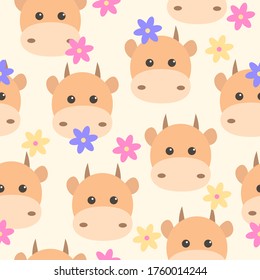 Cute seamless pattern. Red cows and flowers on beige background. Vector illustration, eps 10. Flat colorful vector for kids.  animals. baby design for fabric, textile, wrapper, print.