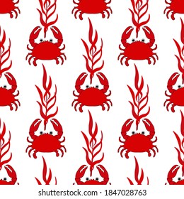 Cute seamless pattern with red crab and seaweed on a white background. Sea animals in a flat style. Cartoon wildlife for web pages.
Stock vector illustration for decor, design, textiles,
wallpaper