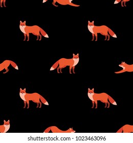 Cute seamless pattern with red foxes on black background. Vector illustration for decoration for textile, notebooks, wallpapers etc