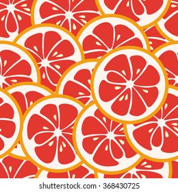 Cute seamless pattern with red grapefruit slices. Tasty summer background. Yummy tropical fruit endless texture. Can be used for wallpaper, banner, poster. Delicious healthy fruit. Vector illustration