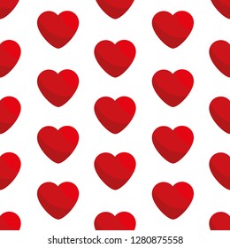 Cute seamless pattern with red hearts. White background. Flat cartoon style vector illustration.