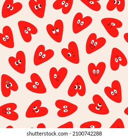 Cute seamless pattern with red hearts with character faces.  Trendy colorful illustration for kids. Cartoon style. Vector hand drawn illustration