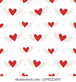 Patrón perfecto con corazones rojos con alas. El amor está en el aire. Textura vectorial para tela, papel pintado, papel envolvente y decoración para el día de San Valentín.