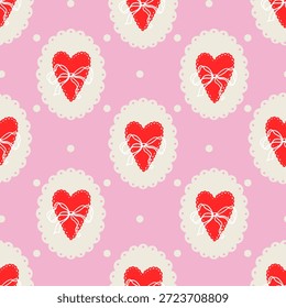 Padrão perfeito bonito com corações vermelhos formas e arcos no fundo de bolinhas rosa. Design romântico para o Dia dos Namorados, impressão, papel de embrulho, tecido, papel de parede, têxtil