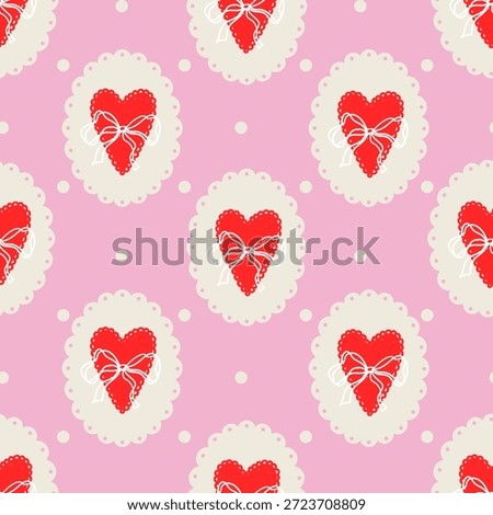 Cute seamless pattern with red hearts shapes and bows on pink polka dot background. Romantic design for Valentine’s Day, print, wrapping paper, fabric, wallpaper, textile
