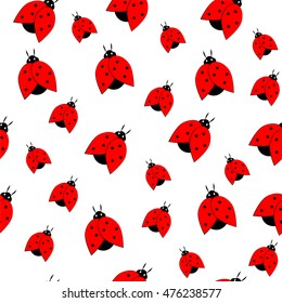 Cute seamless pattern with red ladybirds on the white background. Stock vector illustration. Summer design perfect for cover, card, wall paper, childish and interior design.