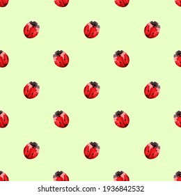 Cute seamless pattern with red ladybugs on green background.