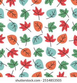 Cute seamless pattern of red, orange, blue and green leaves in doodle style. Colorful autumn leaves isolated on white background. Vector flat illustration.