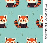 Cute seamless pattern with red panda, flat hand-drawn illustration, bamboo background, vector graphics, orange and mint, tabby tail, pink paws, smiling sleeping animal art for kids and decor