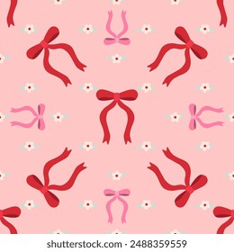 Cute seamless pattern with red and pink ribbon bows and small flowers.