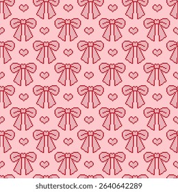 Cute seamless pattern with red pixel bows and hearts on a pink background. Perfect for packaging, backgrounds, digital design, and retro-style textiles.

