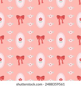 Cute seamless pattern with red ribbon bows and small flowers.