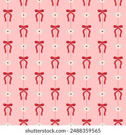 Cute seamless pattern with red ribbon bows and small flowers.