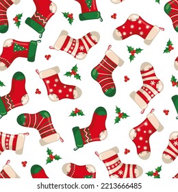 Cute seamless pattern with red socks in flat style isolated on white background for Christmas and New Year holiday. Vector illustration. Design element for textile, fabric, wallpaper or etc.