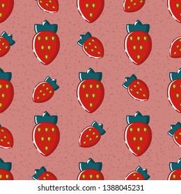 Cute seamless pattern with red strawberries with green leaves and yellow seeds. Pink noisy textured background. Flat linear style illustration. Vector.