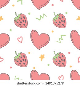 Cute seamless pattern with red strawberries with green leaves, brown seeds, red hearts and doodle elements. White background. Doodle style illustration. Vector.