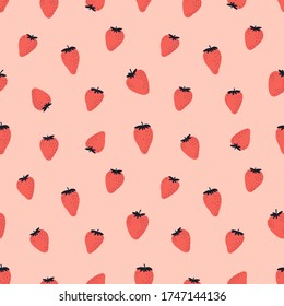 Cute seamless pattern with red strawberries. Natural summer print with berry, fresh fruits in hand drawn style. Colorful vector strawberry background. 