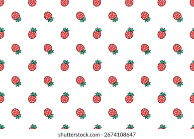 Nettes, nahtloses Muster, rote Erdbeeren mit grünen Blättern auf weißem Hintergrund. Flaches Vektordesign. Für Hintergründe, Tapeten, Textilien, Verpackungen oder Websites.