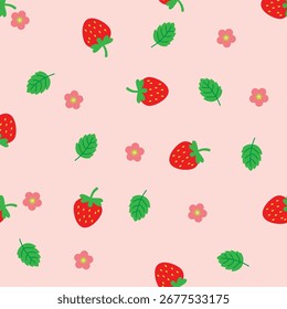 Cute seamless pattern of red strawberries, green leaves, and pink flowers on soft background. Perfect for fabric, wrapping, wallpaper, and summer design projects.