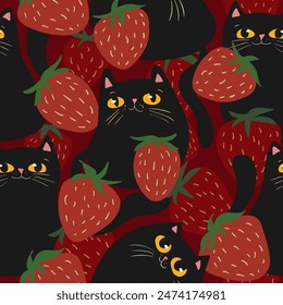 cute seamless pattern with red strawberry and black character cats