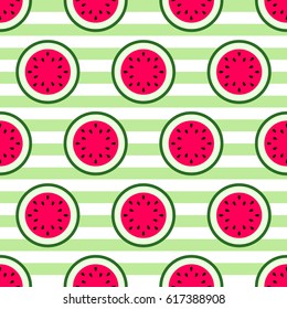 Cute seamless pattern with red watermelon on stripes green background. Vector wallpaper. Bright illustration for kids design.