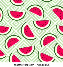 Cute seamless pattern with red watermelon on rhombuses green background. Vector wallpaper. Bright illustration for kids design.