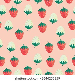 Cute seamless pattern with red and white strawberries on a pastel pink background. Playful and fresh design for kids’ products, wrapping paper, summer textiles, or digital prints