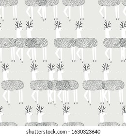 Cute seamless pattern with reindeer. Perfect for backgrounds, invitations, party, kindergarten, baby shower, and children room decoration. Scandinavian landscape. Winter.