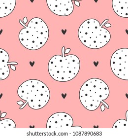 Cute seamless pattern with repeating apples and hearts. Drawn by hand. Endless girlish print. Girly vector illustration.