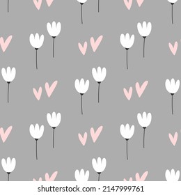 Cute seamless pattern with repeating dual flowers and hearts. Endless print for girls. Simple vector illustration.