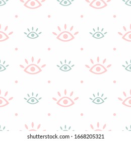 Cute seamless pattern with repeating eyes and polka dots. Modern trendy print. Simple vector illustration.