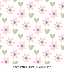 Cute seamless pattern with repeating flowers and hearts. Pastel floral print. Vector illustration.
