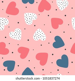 Cute Seamless Pattern With Repeating Hearts And Round Dots. Romantic Endless Print. Drawn By Hand. Girly Vector Illustration.