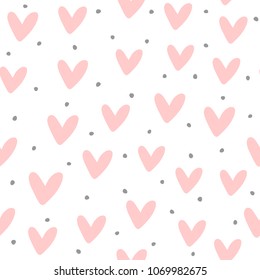 Cute seamless pattern with repeating hearts and round dots drawn by hand. Endless girlish print. Girly vector illustration.