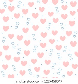 Cute seamless pattern with repeating hearts. Endless romantic print. Girly vector illustration. White, pink, blue.