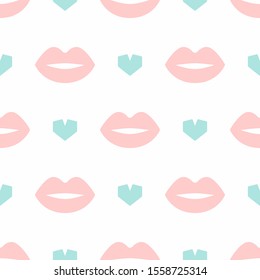 Cute seamless pattern with repeating lips and hearts. Simple girly print. Flat vector illustration.