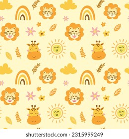 cute seamless pattern with repeating wild animal faces lion, giraffe and rainbow. childish theme Vector illustration