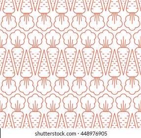Cute Seamless Pattern. Repetitive Texture with Isolated Outline Carrot Silhouettes on White Background. Vector Kids, Kitchen or Fashion Ornament. Ready Swatch Included in File